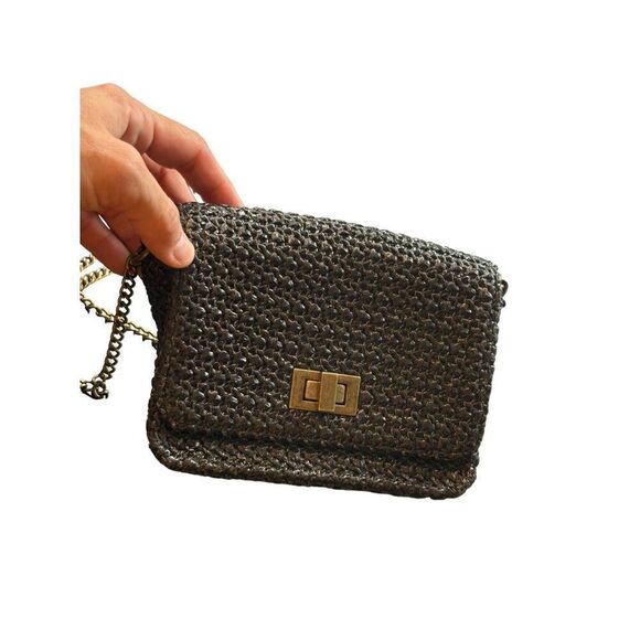 Handcrafted Metallic Woven Clutch Bag With Chain Strap & Twist Lock Closure - Picture 2 of 11
